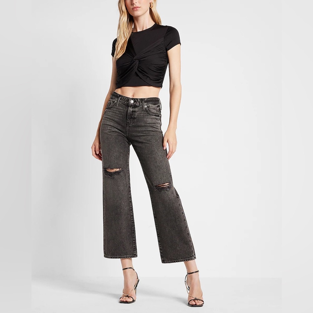 Express Mid Rise Black Ripped 90’s Ankle Boot Jeans